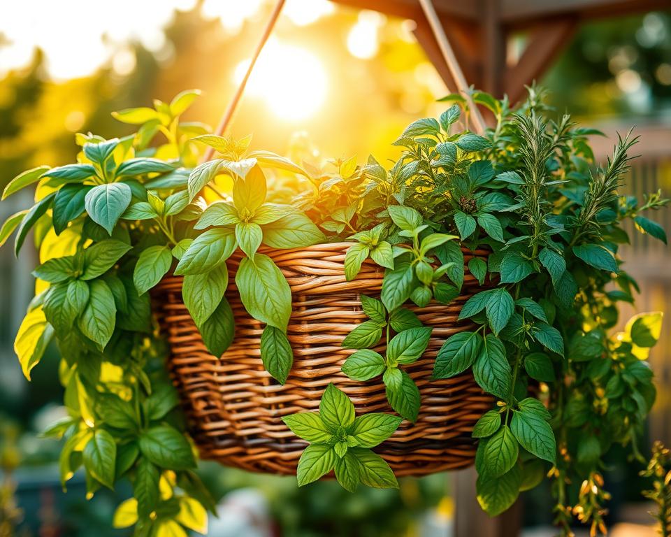 A beautifully arranged hanging basket overflowing with vibrant edible herbs such as basil, mint, and rosemary. In the foreground, the lush green leaves glisten with morning dew, showcasing their freshness. The middle layer features the basket, woven from natural fibers, suspended gracefully from a sturdy wooden hook, drawing the eye upward. In the background, a soft-focus garden setting is bathed in warm, golden sunlight, casting gentle shadows that enhance the tranquility of the scene. The atmosphere is inviting and peaceful, ideal for a sunny day in a home garden. The angle is slightly elevated, providing a comprehensive view of the herbs and their intricate details. The lighting is soft yet bright, emphasizing the rich colors of the plants without harsh contrasts.
