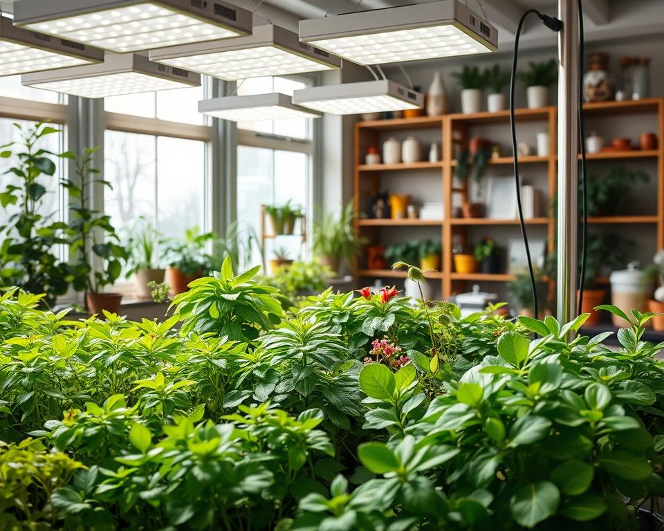 A beautifully arranged indoor gardening scene featuring various plants thriving under grow lights. In the foreground, a diverse selection of vibrant green plants, including herbs, succulents, and flowering species, is illuminated by an array of modern LED grow lights with adjustable poles. The middle section shows a cozy, well-lit room with large windows, allowing natural light to filter in, complementing the artificial lighting. Soft shadows are cast across the room, enhancing the sense of warmth and comfort. In the background, shelves filled with gardening tools and containers add depth. The overall atmosphere should evoke a sense of nurturing and growth, ideal for plant care during winter months, highlighting the importance of choosing the right grow lights. The image should be bright and inviting, with a focus on the plants' health and vibrancy.