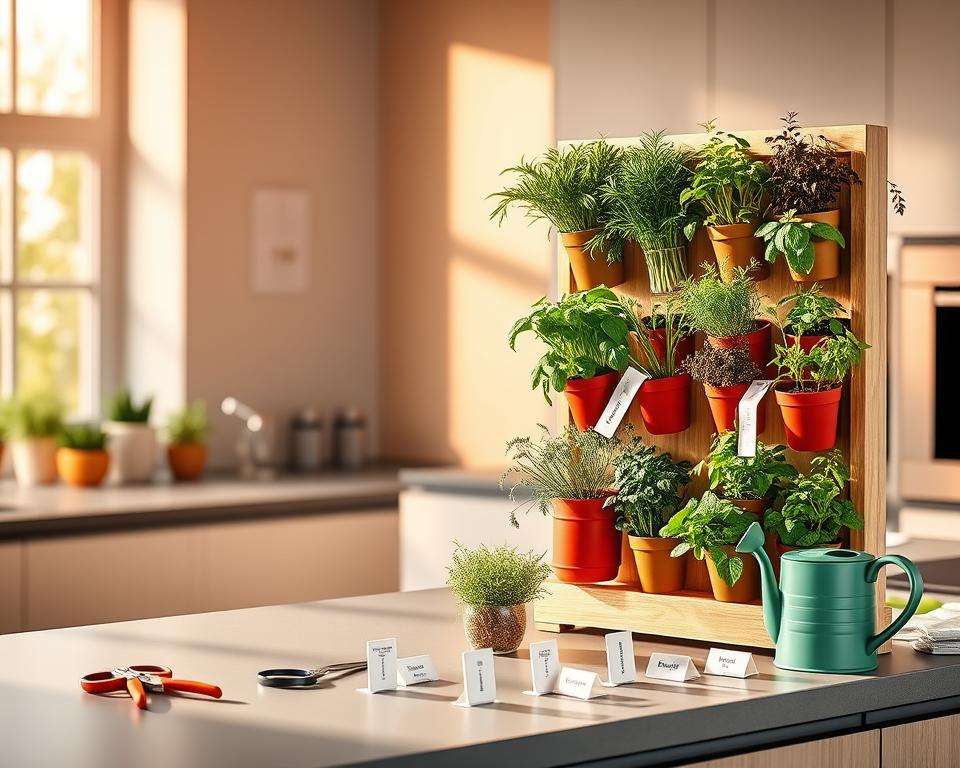 A beautifully arranged vertical herb garden kit in a modern kitchen setting. In the foreground, vibrant pots filled with fresh herbs like basil, rosemary, and thyme, perfectly organized in an upright structure made of natural wood. The middle ground features a sleek countertop with gardening tools like scissors, a watering can, and labeled plant markers placed beside the herb kit for a well-organized look. In the background, warm, natural light pours through a large window, illuminating the herb garden and casting soft shadows, creating a serene and inviting atmosphere. The image captures the essence of cultivating herbs indoors, evoking a sense of freshness and culinary inspiration.