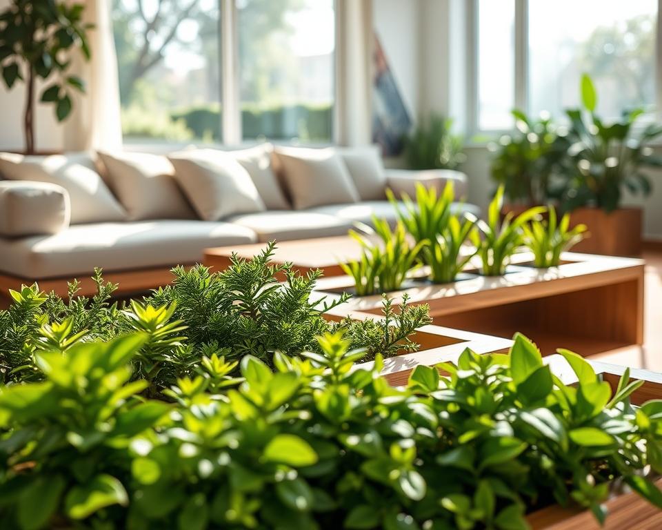 A beautifully designed eco-friendly furniture piece featuring integrated plant pots, showcasing a stylish coffee table with a sleek wooden frame and lush greenery. In the foreground, vibrant plants are abundantly arranged in built-in planters, highlighting various foliage textures. The middle ground reveals a comfortable seating area with soft cushions complementing the natural wood. In the background, sunlight streams through a large window, casting gentle shadows and creating a warm, inviting atmosphere. The scene exudes tranquility and harmony with nature, emphasizing the multi-functional aspect of the furniture. Bright, natural lighting enhances the greens of the plants and the earthy tones of the furniture, captured from a slightly elevated angle to showcase both the furniture design and the thriving plant life.