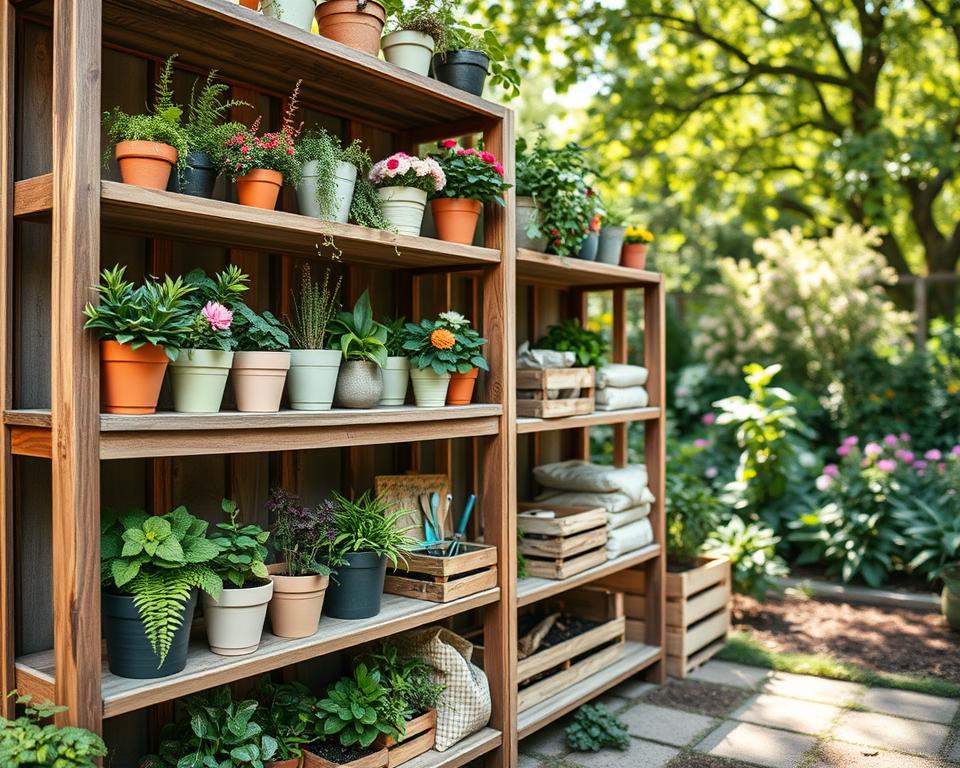 A beautifully organized DIY garden shelving unit showcasing a variety of plants, herbs, and decorative pots. The foreground features a rustic wooden shelf with several tiers, each filled with lush greenery including ferns, succulents, and blooming flowers in pastel-colored pots. The middle section highlights additional shelves with wooden crates used for storage, filled with gardening tools and soil bags. In the background, a serene garden setting with a soft-focus of blooming flowers and greenery, bathed in warm, natural sunlight filtering through trees. The atmosphere is calm and inviting, perfect for showcasing customizable garden shelving ideas. Use a wide-angle lens to capture the full depth and detail, with soft shadows enhancing the textures of the wood and plants.