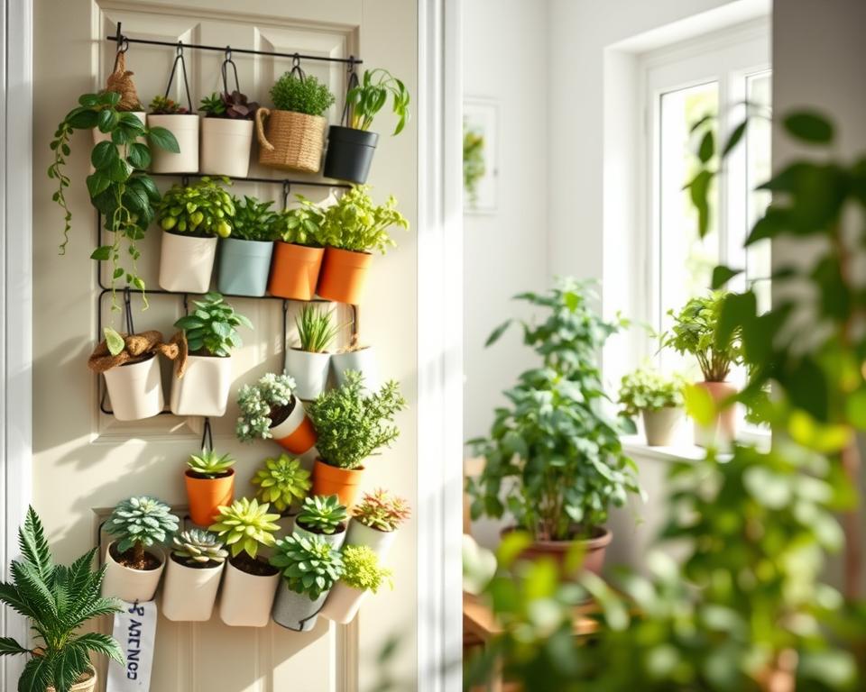 A beautifully organized indoor door garden organizer filled with a variety of vibrant plants, herbs, and decorative items. In the foreground, focus on an array of small potted greenery, such as succulents and herbs like basil and thyme, neatly arranged in a multi-pocket hanging organizer. The middle ground showcases the door, painted in a soft pastel color, seamlessly blending with the plants. In the background, the cozy ambiance of a well-lit room is visible, featuring soft natural light streaming in through a nearby window, illuminating the greenery with a warm glow. The atmosphere is inviting and peaceful, ideal for creative indoor gardening solutions. Capture the scene using a soft-focus lens to add depth and a gentle, airy feel to the composition.