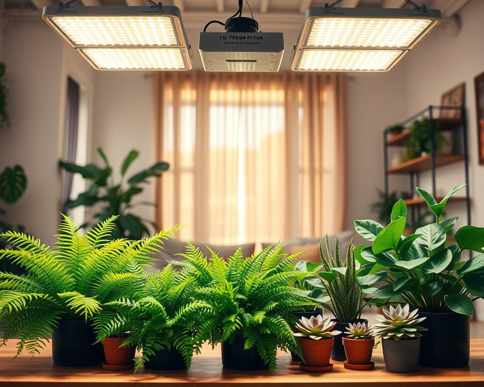 A bright and inviting indoor gardening scene featuring a variety of indoor plants thriving under soft, warm grow lights. In the foreground, lush green ferns and potted succulents are displayed on a wooden table, highlighting their vibrant colors and textures. The middle layer features a sleek, modern grow light system suspended above the plants, casting a gentle glow that enhances their foliage. In the background, a cozy apartment setting is visible, with natural light filtering through a sheer curtain, adding to the warm ambiance. The scene captures a peaceful atmosphere, ideal for urban gardening enthusiasts, with the focus on the plants’ light requirements for optimal growth. The angle is slightly elevated, providing a clear view of both the plants and the grow lights.