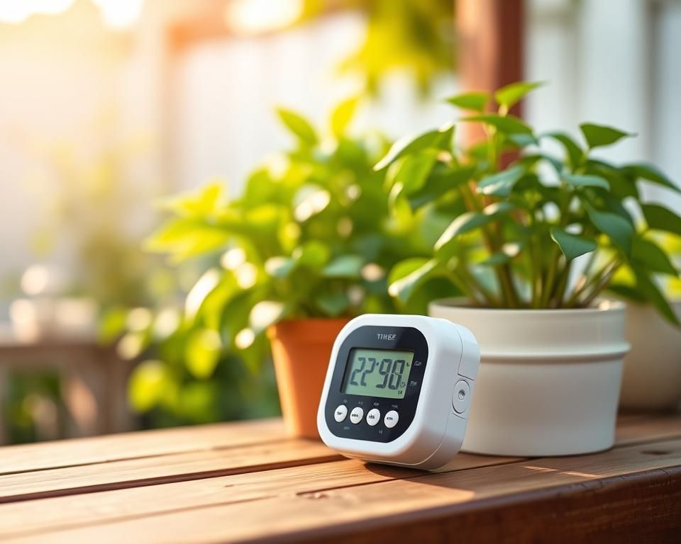 A close-up image of an outdoor timer for plant lighting, prominently displayed on a wooden garden table. The timer should have a modern, digital design with clear, illuminated buttons and an LCD display showing time settings. In the background, lush green plants in pots are softly blurred, creating a natural ambiance. The lighting is warm and inviting, suggesting a late afternoon sun that casts soft shadows. A subtle breeze rustles the nearby foliage, adding a sense of tranquility to the scene. The focus is sharp on the timer, emphasizing its importance in automating plant care, while the soft colors of the plants enhance the overall harmonious atmosphere of the garden setting.