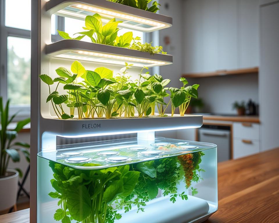 A close-up view of a modern compact hydroponic system designed for indoor use, featuring multiple layers of vertical planters with vibrant leafy greens and colorful herbs. In the foreground, a sleek, high-tech reservoir holds crystal-clear water, with LED grow lights illuminating the plants in a soft, warm glow. The middle ground showcases a variety of plants, such as basil, lettuce, and mint, thriving in a minimalist, aesthetically pleasing arrangement. In the background, a simple kitchen environment with large windows letting in natural light hints at a bright, airy lifestyle. The mood is fresh and innovative, emphasizing sustainability and accessibility in urban gardening. The image is captured from a slightly elevated angle, focusing on the intricate details of the hydroponic setup, ensuring clarity and visual appeal.