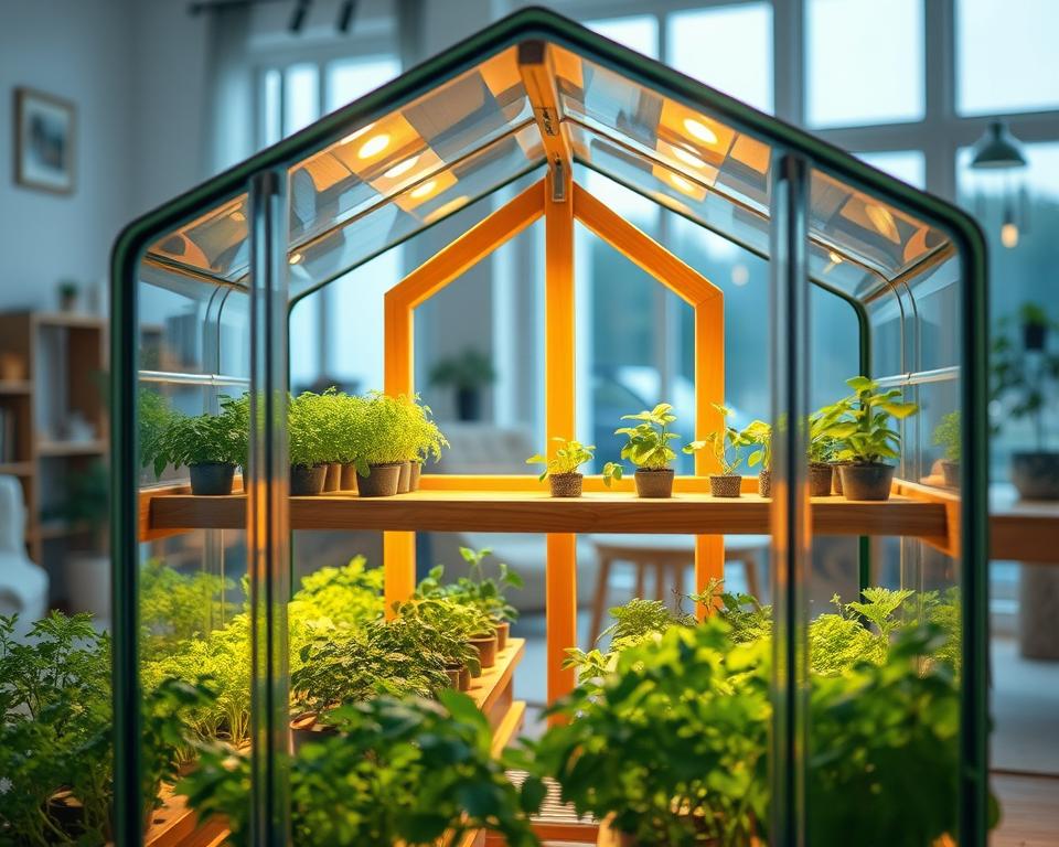 A compact and innovative mini greenhouse design, showcasing a sleek, modern structure made of clear glass and wood. In the foreground, vibrant green plants like herbs and small vegetables are neatly arranged on multiple shelves within the greenhouse, illuminated by warm, soft lighting that creates an inviting atmosphere. The middle section features a stylish, wooden frame with a sloped roof, allowing for optimal sunlight exposure. In the background, a cozy home interior is faintly visible through a large window, adding a touch of domestic charm. The scene is captured with a soft-focus lens, creating a serene and inspirational mood, emphasizing the beauty of indoor gardening. No text or watermarks present.
