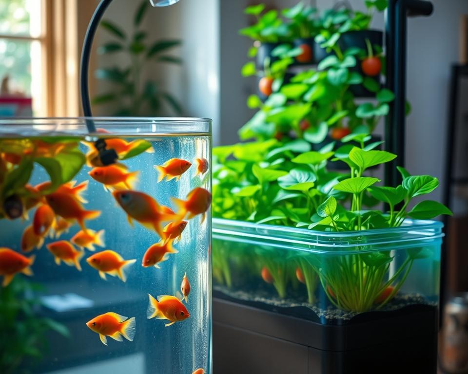 A compact aquaponics kit designed for small spaces, featuring a transparent fish tank filled with colorful, healthy fish, surrounded by lush green plants growing in a vertical garden setup. The foreground showcases the fish swimming gracefully, highlighting their vibrant colors. In the middle ground, a variety of leafy plants thrive in soil-less media, demonstrating the thriving ecosystem. The background displays a cozy indoor environment, illuminated by soft, natural light streaming through a nearby window, casting gentle shadows. The atmosphere is tranquil and productive, conveying the joy of urban gardening. The image is taken with a shallow depth of field, focusing on the aquaponics kit while softly blurring the background for an intimate, harmonious effect.