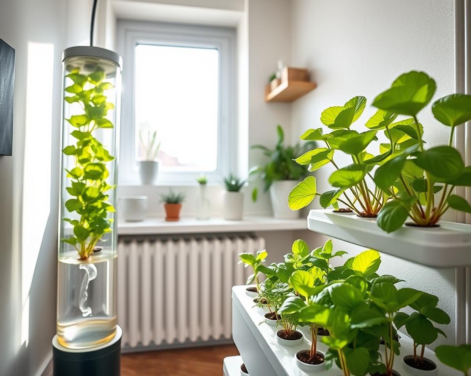 A compact hydroponic garden setup in a well-lit urban apartment corner. In the foreground, vibrant green leafy vegetables are thriving in a sleek, modern vertical hydroponic tower, with a clear water reservoir at the base, flowing gently. The middle ground features small seedlings in a nutrient-rich solution, showcasing a range of plants like basil, mint, and lettuce, neatly arranged on a clean, white shelf. Bright, natural light streams in from a nearby window, creating a warm, inviting atmosphere. The background consists of minimalist decor with potted plants and kitchenware, suggesting a harmonious blend of nature and modern living. Capture this scene with a slight top-down angle to emphasize the garden's compactness and efficiency, highlighting its potential for urban dwellers.