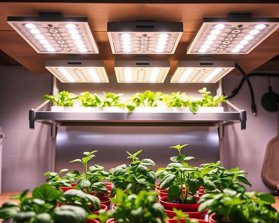 A compact under-counter hydroponic growing system, showcasing an array of sleek, modern LED grow lights illuminating vibrant green plants. In the foreground, there are neatly arranged potted herbs and vegetables, with dew drops glistening under the bright lights. The middle ground features adjustable grow light fixtures mounted on a stylish, stainless steel shelf, casting a warm and inviting glow. In the background, soft shadows hint at kitchen elements, elegantly unifying home gardening with culinary practicality. The scene is set with a clear, slightly angled perspective, emphasizing the functionality and aesthetic appeal of hydroponic lighting in a cozy home environment. The overall mood is fresh, innovative, and energizing, ideal for both gardening enthusiasts and those exploring home gardening solutions.