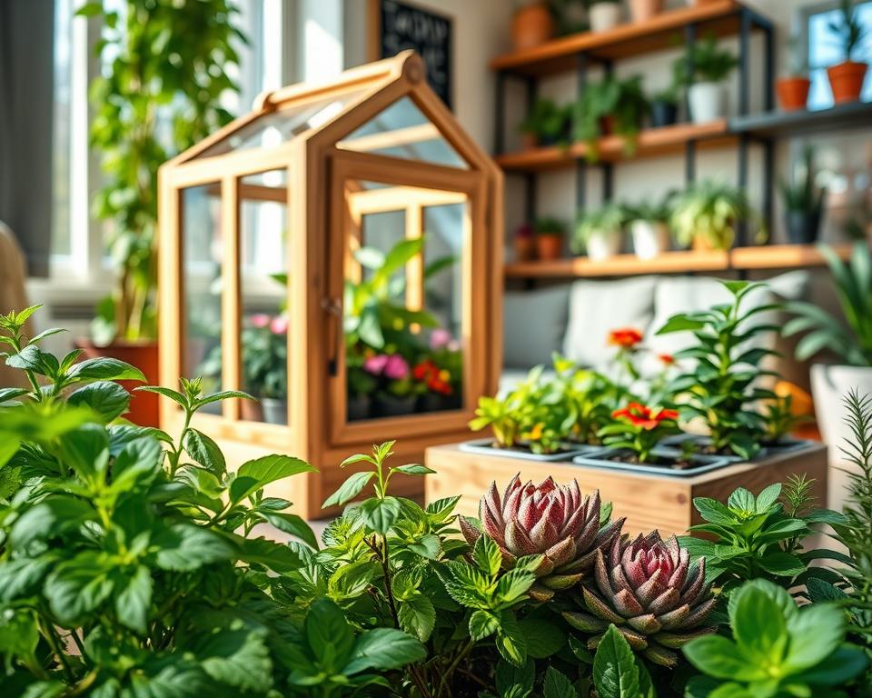 A cozy indoor gardening scene showcasing a variety of ideal plants for mini indoor greenhouses. In the foreground, vibrant green herbs such as basil and mint, alongside colorful succulents with unique textures. The middle ground features a wooden mini greenhouse with glass panels, filled with an assortment of small flowering plants like African violets and dwarf peppers, softly illuminated by natural sunlight streaming through a nearby window. In the background, a warm, inviting living space with potted leafy plants on shelves. The overall atmosphere conveys tranquility and inspiration, with gentle shadows and highlights enhancing the greenery. The scene is captured with a close-up perspective, emphasizing the details of the plants, set in bright, natural light for a fresh, uplifting mood.