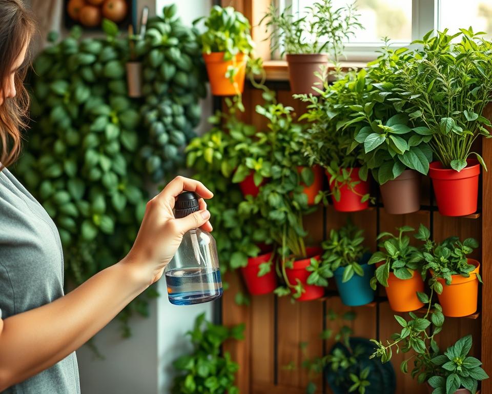 A cozy indoor space showcasing a wall-mounted vertical herb garden brimming with a variety of fresh herbs like basil, mint, and rosemary. In the foreground, a person wearing modest casual clothing is tending to the plants, gently pruning and watering them with a small spray bottle. The middle layer highlights the lush green leaves of the herbs, with colorful pots and a wooden wall structure. In the background, soft, natural light streams in from a nearby window, illuminating the garden and creating a warm, inviting atmosphere. The focus is sharp, capturing the details of the herbs and the caring hands of the gardener, while a slight blur in the background enhances depth.