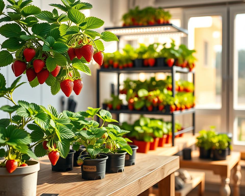 A cozy indoor strawberry cultivation setup featuring vibrant green strawberry plants with lush foliage and ripe red strawberries hanging from the leaves. In the foreground, a wooden potting table displays gardening tools and small pots with seedlings. The middle ground shows tiered shelving filled with healthy strawberry plants under warm, soft LED grow lights, creating a nurturing environment. In the background, a sunny window allows natural light to stream in, illuminating the scene and enhancing the freshness. The atmosphere is calm and inviting, with a gentle bokeh effect, capturing a sense of tranquility and productivity in the indoor garden.