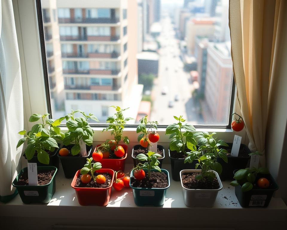 A cozy indoor windowsill featuring a variety of compact vegetable planters, with vibrant green herbs and vegetables such as basil, cherry tomatoes, and peppers thriving in each pot. In the foreground, the planters are arranged neatly on a sunlit windowsill with rich soil and small labels for each plant. The middle ground shows soft natural light filtering through sheer curtains, casting gentle shadows across the pots. In the background, a blurred view of a bustling urban environment can be seen through the window, hinting at the contrast between city life and urban gardening. The mood is cheerful and inviting, evoking a sense of freshness and sustainability, perfect for indoor gardening enthusiasts. The composition should have a shallow depth of field to emphasize the planters.