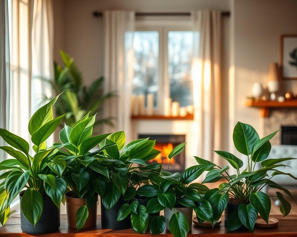 A cozy indoor winter scene focused on optimizing light for plant care. In the foreground, a variety of vibrant houseplants, including a snake plant, pothos, and peace lily, are placed on a wooden shelf bathed in soft, natural sunlight. In the middle, a large window with sheer curtains allows warm light to filter through, highlighting the plants' lush green leaves. In the background, a fireplace adds to the ambiance, featuring a few decorative items like candles and a steaming cup of tea on a small table. The atmosphere is warm and inviting, encouraging plant growth despite the cold winter outside. Use soft, diffused lighting to create a tranquil mood, with a slight bokeh effect on the background to emphasize the healthy plants in focus.