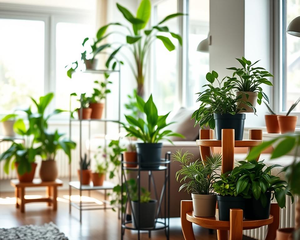 A cozy interior space featuring a variety of stylish, decorative plant stands that showcase lush greenery. In the foreground, a wooden tiered plant stand filled with potted plants, displaying vibrant foliage and colorful flowers. The middle ground includes a sleek metal plant stand with an elegant geometric design, holding a tall, leafy plant, and a corner shelf of clay pots. The background shows a softly lit room with natural light streaming through large windows, highlighting the plants and creating a warm, inviting atmosphere. Use a shallow depth of field to focus on the plant stands while softly blurring the background. Capture the essence of a contemporary living area blending nature with modern decor.