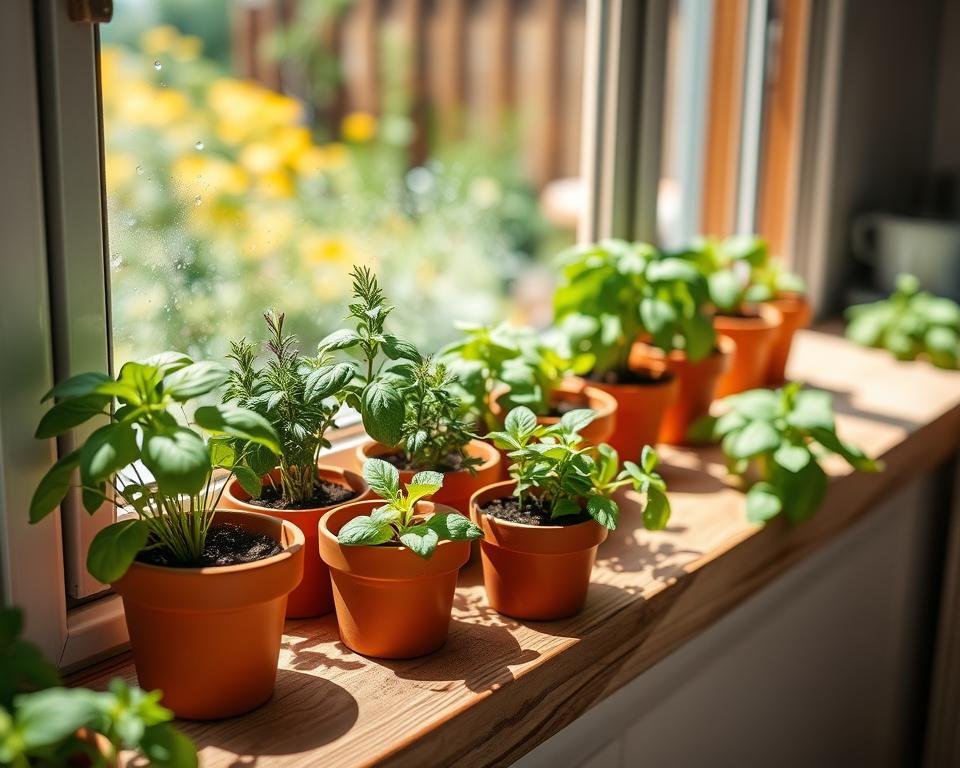 A cozy kitchen windowsill filled with compact planters for herbs, featuring vibrant green basil, fragrant rosemary, and fresh mint. The foreground highlights terracotta pots with rich soil and delicate leaves. In the middle, the planters are arranged neatly on a rustic wooden board, with sunlight streaming in from the window, casting soft shadows. The background shows a splashing view of a sunny garden, adding warmth and a sense of growth. The atmosphere is inviting and nurturing, suggesting the joy of starting a herb garden at home. The lighting is bright and natural, enhancing the vivid colors of the plants and giving a fresh, uplifting feel to the scene. No text or watermarks present.