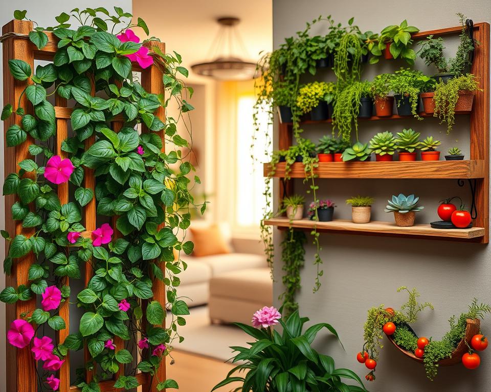 A creative vertical garden filled with an array of lush green plants and colorful flowers, designed for a compact apartment setting. In the foreground, showcase a wooden trellis filled with cascading ivy and vibrant geraniums, showcasing a variety of herbs like basil and mint in small pots. The middle ground features a stylish wall-mounted planter with rows of succulents and trailing vines, while a rustic wooden shelf holds small potted vegetables, like cherry tomatoes and peppers. In the background, a soft-focus living room can be seen, with warm, natural light filtering through a window, creating an inviting atmosphere. The overall scene exudes a sense of tranquility and eco-friendliness, perfect for maximizing small spaces.