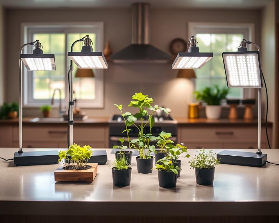 A detailed comparison of under-counter grow light kits displayed on a sleek kitchen countertop. In the foreground, four different grow light kits are arranged neatly, showcasing their unique designs and features, such as adjustable heights and full-spectrum bulbs. In the middle ground, there are pots with vibrant green herbs and small plants, gently illuminated by the lights above, creating a warm and inviting atmosphere. The background features a cozy kitchen setting with soft, natural light filtering in through a window. The scene conveys a sense of modern home gardening, emphasizing accessibility and functionality. Use a slightly elevated angle for depth and clarity. The lighting should highlight the kits, creating an engaging and informative visual representation.