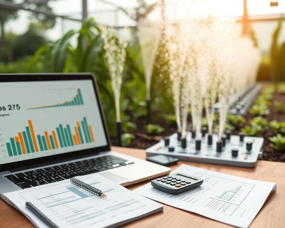 A detailed financial analysis scene depicting an automated irrigation system cost analysis. In the foreground, a clear view of a laptop displaying charts and graphs related to the costs of various irrigation systems. Beside it, a notepad filled with calculations and a calculator, suggesting a thorough examination of expenses. In the middle ground, a rendered 3D model of a sophisticated automated irrigation system, showcasing sprinklers and moisture sensors, illuminated by soft overhead lighting to emphasize its features. In the background, a row of healthy, flourishing plants in a garden setting, indicating the positive impact of the irrigation system on plant health. The overall atmosphere is professional and analytical, with a slight focus on efficiency and modern gardening technology, captured from a slightly elevated angle for comprehensive visibility.