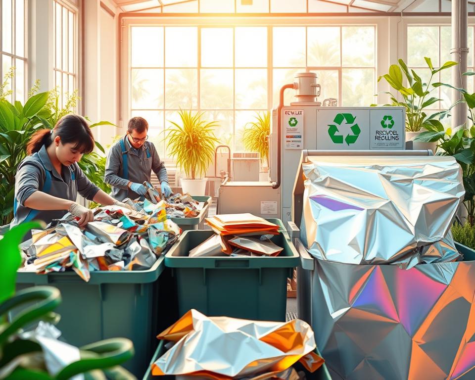 A detailed illustration of the Mylar recycling process, showcasing various stages. In the foreground, workers in professional attire carefully sort reflective Mylar sheets into separate bins, highlighting their commitment to environmental safety. The middle ground displays a modern recycling machine actively processing the Mylar materials, with glistening metallic surfaces and vibrant colors illustrating their reflective properties. In the background, a well-lit, eco-friendly industrial facility emphasizes sustainability, surrounded by greenery and recycling information signage. Soft, natural light filters through large windows, creating a warm and welcoming atmosphere. The image reflects a strong sense of responsibility toward recycling and environmental impact, visually connecting to the concept of Mylar’s safety and effectiveness in plant health.