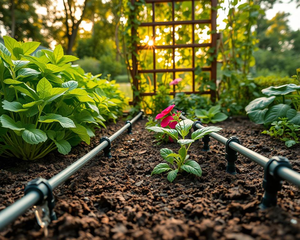 A detailed view of a drip irrigation system set in a small, lush garden, showcasing vibrant green plants and vegetables thriving in limited space. In the foreground, two parallel drip hoses snake through the rich soil, with droplets of water visibly oozing from the emitters. The middle ground features flourishing herbs and colorful flowers, each benefiting from the efficient watering technique. In the background, a wooden trellis supports climbing vines, softly lit by warm sunlight filtering through trees, creating a serene, inviting atmosphere. The scene captures the essence of effective watering, emphasizing the importance of this technique in maximizing garden productivity. The composition is shot from a low angle to highlight the intricate details of the irrigation system, enhancing the viewer's connection to sustainable gardening practices.
