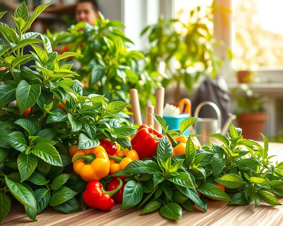 A lush indoor setup featuring vibrant, healthy pepper plants in various stages of growth, positioned on a wooden tabletop. In the foreground, a variety of colorful peppers—red, yellow, and green—are nestled among rich green leaves. The middle ground includes gardening tools like a trowel, small watering can, and plant food, all neatly arranged. In the background, a sun-drenched window allows soft, warm light to filter through, highlighting the glossy foliage and creating inviting shadows. The scene is cheerful and inspiring, evoking a sense of thriving indoor gardening. The image should capture an angle that emphasizes the plants' lushness and the essential equipment, without any text or distractions.
