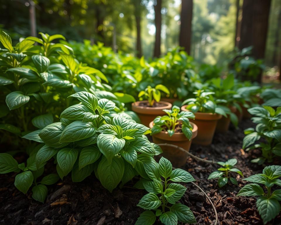 A lush, tranquil garden scene featuring a variety of shade-loving culinary herbs such as basil, cilantro, and mint, surrounded by rich green foliage. In the foreground, showcase vibrant, dew-kissed leaves of these herbs, glistening under soft, diffused morning light, emphasizing their freshness. The middle ground should feature small, rustic pots arranged artistically, with some herbs sprouting from them, while others grow directly in the shaded earth. In the background, hints of dappled sunlight filtering through tall trees create a serene, peaceful atmosphere. The angle should capture a slightly elevated view, allowing a glimpse of the texture of the herbs and the rich, dark soil. The overall mood is calm and inviting, ideal for a culinary-focused garden.