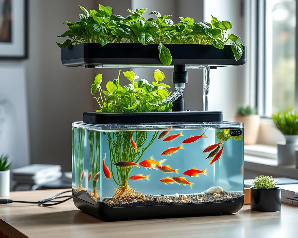 A modern desktop aquaponics system showcasing a small, sleek, transparent aquarium filled with vibrant fish swimming among aquatic plants. In the foreground, there are lush green herbs such as basil and mint growing in soil containers above the tank, with roots visibly extending into the water. The middle layer features a compact, organized setup with efficient water circulation through a clear tube, emphasizing functionality. Soft, natural lighting illuminates the scene from a nearby window, creating a serene and inviting atmosphere. The background reveals a tidy workspace with minimalistic décor to keep the focus on the aquaponics system, instilling a sense of calm and productivity.