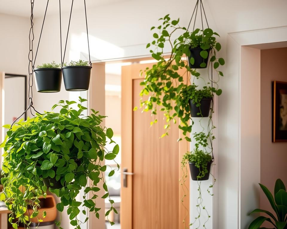 A modern hanging vertical garden system installed over a door in a stylish, contemporary interior. In the foreground, showcase vibrant greenery cascading from several vertical planter pockets, laden with herbs and small flowering plants. In the middle, a sleek and minimalistic door frame is visible, with decorative vines partially framing the soft wood door. The background features a cozy, sunlit room with light streaming through a window, casting warm shadows that enhance the serene atmosphere. Use natural daylight to highlight the textures of the plants and the elegance of the setup. Capture the scene from a slightly elevated angle, emphasizing the verticality and layering of the garden, while evoking a sense of peaceful indoor gardening.