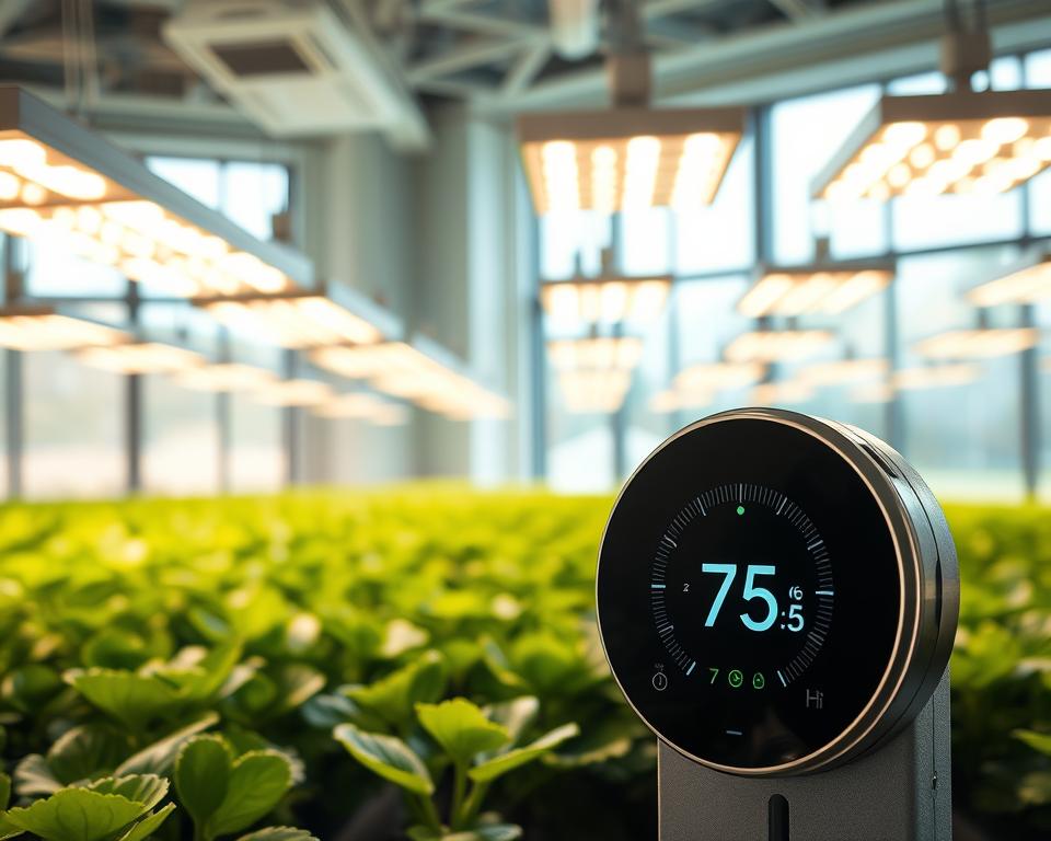 A modern indoor farming setup showcasing advanced temperature control systems. In the foreground, a sleek digital thermostat with an illuminated screen displaying temperature data, surrounded by lush green plants in hydroponic systems. The middle ground features evenly spaced LED grow lights casting a warm, inviting glow across the crops, while automated fans and humidity sensors are visible. In the background, large windows allow natural light to filter in, creating a bright, airy atmosphere. The scene is captured with a shallow depth of field to emphasize the thermostat, with soft, natural lighting that evokes tranquility and focus on precision farming. The mood is serene and professional, highlighting the importance of maintaining optimal growth conditions.