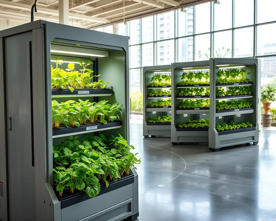 A modern, modular indoor farming unit featuring a sleek, compact design with vertical hydroponic systems. In the foreground, showcase vibrant greens and colorful vegetables growing in tiered planters made of recycled materials. The middle ground includes multiple units arranged in an open, well-lit space with large windows allowing natural light to flood in, enhancing the atmosphere of sustainability. In the background, incorporate an urban setting with a hint of greenery, indicating an integration of technology and nature. The lighting should be bright and inviting, mimicking daylight, and shot from a slightly elevated angle to capture the productivity of the units. The overall mood should convey innovation and optimism in urban agriculture, emphasizing efficiency and sustainability.