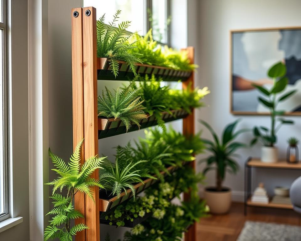 A modern vertical garden rack designed for indoor spaces, showcasing a variety of lush, green plants including ferns and succulents. In the foreground, the rack is crafted from natural wood with metal accents, elegantly presenting the vibrant plants at different heights. The middle area features soft, diffused sunlight streaming through a nearby window, illuminating the fresh foliage and casting gentle shadows. The background includes minimalistic, stylish decor—such as a potted plant and an abstract painting—to create a serene, inviting atmosphere. The image captures a harmonious blend of nature and contemporary design, highlighting the potential of indoor gardening. The photo is taken from a slightly angled perspective to emphasize depth, with a shallow depth of field that subtly blurs the background while keeping the garden rack in sharp focus.