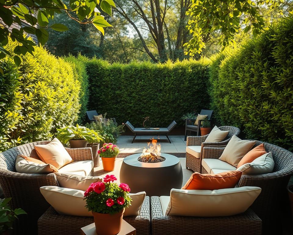 A serene garden nook featuring stylish, modern garden furniture arranged around a cozy, circular seating area. In the foreground, soft, plush cushions in earthy tones adorn a wicker lounge set with a low table in the center, surrounded by potted plants with vibrant flowers. The middle ground showcases a small, elegant fire pit with flickering flames, casting a warm glow. In the background, lush greenery and tall hedges create a sense of privacy and tranquility, bathed in dappled sunlight filtering through leaves. The atmosphere is inviting and relaxing, perfect for unwinding. Capture this scene with soft focus and warm lighting, from a slightly elevated angle to encompass the entire nook in a harmonious composition.