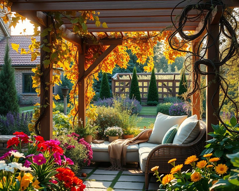 A serene garden nook showcasing seasonal considerations, designed for comfort and beauty through the year. In the foreground, a cozy seating area with soft cushions and a warm throw blanket, surrounded by vibrant flowers that change with the seasons. The middle ground features a wooden pergola draped in climbing jasmine in spring, autumn leaves in a warm palette, and winter evergreens. Light filters through these leaves, casting dynamic shadows on the ground. In the background, hints of a lush garden emerge with hints of seasonal vegetables and herbs, reflecting seasonal yield. The mood is tranquil and inviting, with soft, warm lighting reminiscent of late afternoon sun, creating an atmosphere of a peaceful retreat, ideal for reading or relaxing. The angle captures the nook from a slightly elevated perspective, revealing the garden's depth and seasonal transitions.