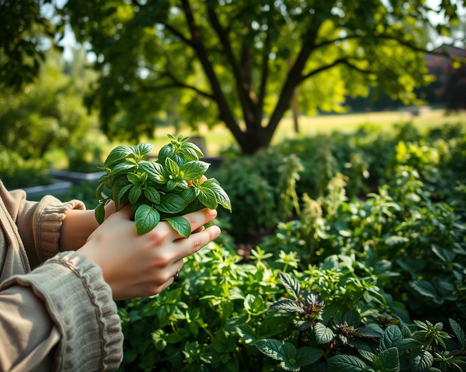 A serene garden scene showcasing the harvesting of shade-grown culinary herbs. In the foreground, a person wearing modest gardening attire gently gathers fresh basil and mint, their hands delicately cradling the lush green leaves. The middle ground features a variety of herbs thriving in a shaded area beneath the dappled canopy of trees, creating a rich tapestry of greens and subtle purples. In the background, soft sunlight filters through the leaves, casting gentle shadows and illuminating the moisture on the herbs. The atmosphere feels tranquil and productive, emphasizing the nurturing aspect of herb cultivation. Soft focus on the background elements enhances the clarity of the harvesting action, capturing the essence of sustainable gardening practices.