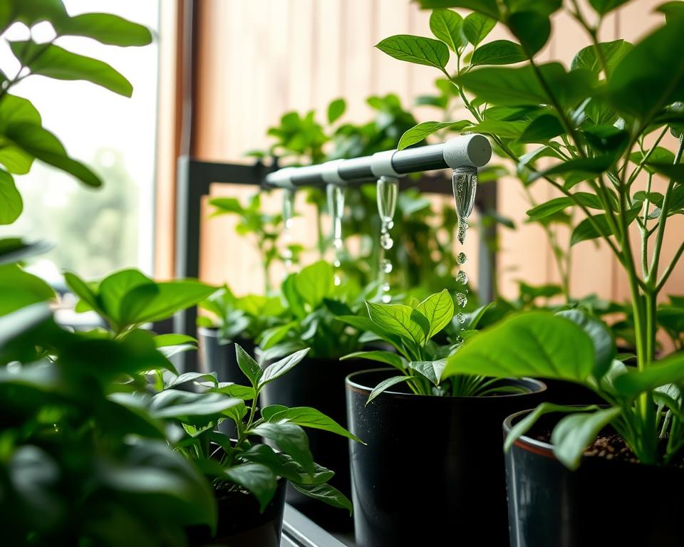 A serene indoor garden scene showcasing an automated plant watering system. In the foreground, lush green plants in stylish pots are thriving, with droplets of water glistening on their leaves. The middle ground features a sleek, modern irrigation setup with tubes gently dripping water onto the roots of the plants, set against a light wooden backdrop. The background includes soft, diffused sunlight filtering through a large window, enhancing the bright and inviting atmosphere. The angle is slightly elevated, capturing the entire scene with a shallow depth of field that blurs the edges for a peaceful effect. The overall mood conveys the ease and efficiency of automated gardening, emphasizing healthy plant growth in a nurturing environment.