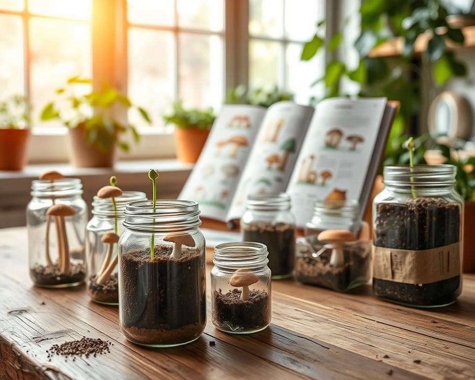 A serene kitchen setting bathed in warm, natural light, showcasing an array of easy mushroom grow kits. In the foreground, a rustic wooden table is adorned with various mushroom cultivation recipes, featuring clear jars filled with soil and mushroom spores, some demonstrating sprouts peeking out. In the middle ground, an open recipe book displays colorful illustrations of different mushrooms and growing techniques. The background features green houseplants, adding to the fresh atmosphere. The scene evokes a cozy, inviting ambiance, ideal for beginners eager to start their mushroom garden. The angle captures the essence of the kitchen experience, focusing on the natural materials and the joy of home gardening.