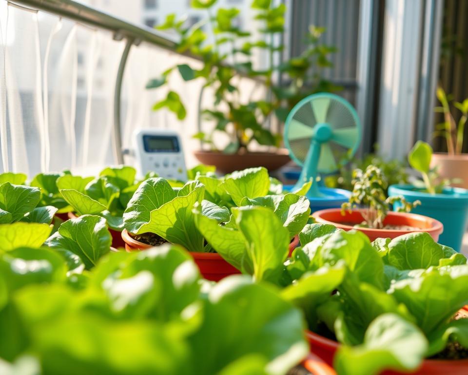 A serene urban balcony garden featuring vibrant, green lettuce growing in a variety of colorful containers. In the foreground, showcase close-up shots of healthy lettuce leaves with dew droplets, highlighting their freshness. In the middle ground, depict a weather station with a digital thermometer and a small fan, demonstrating temperature management. In the background, include soft natural sunlight filtering through a sheer curtain, creating a warm and inviting atmosphere. The scene should have a subtle depth of field effect, drawing attention to the lettuce while softly blurring the background. Capture this from a slightly elevated angle to provide a comprehensive view, evoking a sense of tranquility and care in container gardening.