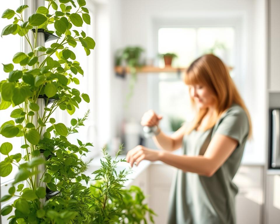 A serene vertical herb garden maintenance scene in a bright, modern kitchen. In the foreground, a person in modest casual clothing, focused and engaged, tends to lush green herbs like basil, rosemary, and mint growing in a vertical planter. The middle features well-organized rows of vibrant herbs, with some leaves gently being pruned and others being watered, showcasing the process of care. In the background, natural light streams in through a nearby window, illuminating the cheerful, fresh atmosphere of the kitchen. Soft shadows enhance the textures of the herbs and the sleek design of the planter, creating a light and inviting mood. The composition conveys a sense of tranquility and productivity in home gardening.