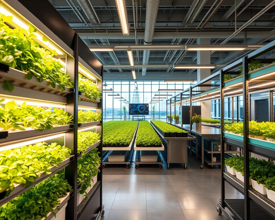 A sleek, modern modular indoor farming unit occupies the foreground, featuring several vertical hydroponic towers filled with vibrant green herbs and leafy vegetables. Shelves are arranged neatly, showcasing a diverse array of plants at different growth stages, illuminated by bright, energy-efficient LED grow lights, casting a warm glow. In the middle ground, a spacious, well-organized indoor farming space with high ceilings and large windows allowing natural light to filter in, complemented by polished stainless steel surfaces and greenery. The background displays subtle hints of innovative technology, like digital monitors and automated systems, emphasizing efficiency. Capture the atmosphere of sustainability and innovation with a clear, dynamic angle, focusing on the synergy between advanced farming and eco-friendly practices. The lighting should create a fresh, energetic mood, inviting viewers to explore the future of indoor agriculture.