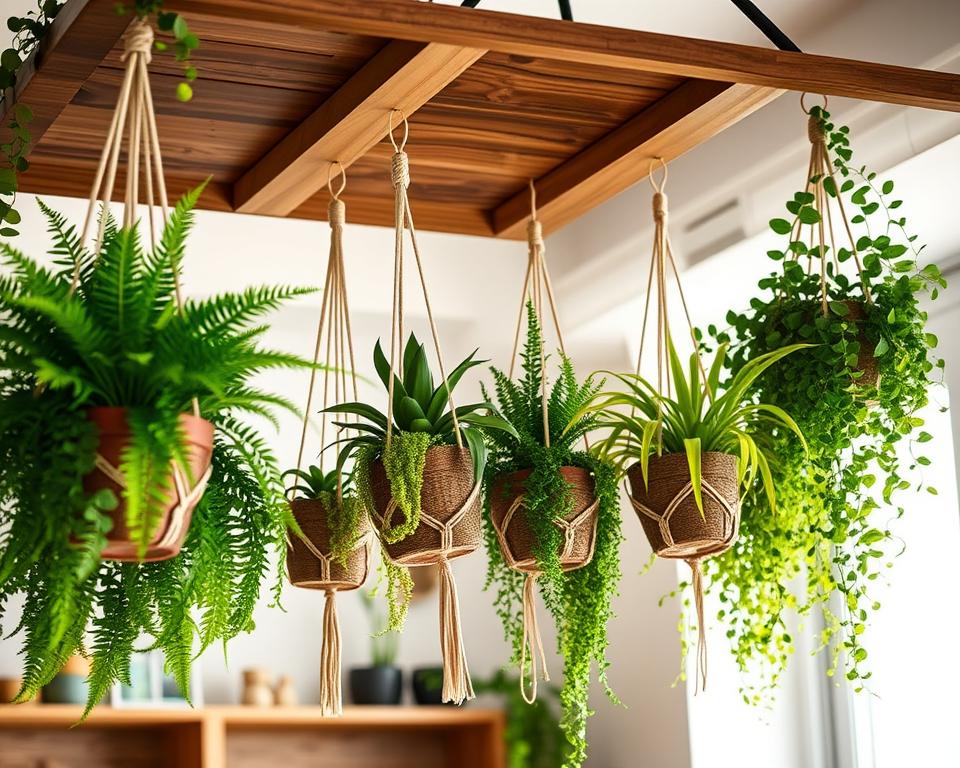 A stylish ceiling-mounted garden rack made from natural wood, fiberglass, and metal, elegantly showcasing various hanging plant types like ferns, succulents, and trailing vines. The foreground features a well-crafted wooden rack with a smooth finish, displaying vibrant green plants suspended in woven macramé hangers. In the middle, details of the materials highlight textures and tones—rich browns of wood and sleek metallic accents in muted gold. The background reveals a softly lit indoor space with bright, natural light streaming through a window, creating a warm, inviting atmosphere. Use a wide-angle lens for a dynamic perspective, emphasizing the rack’s height and the lush greenery, conveying a sense of tranquility and indoor gardening enthusiasts' passion.