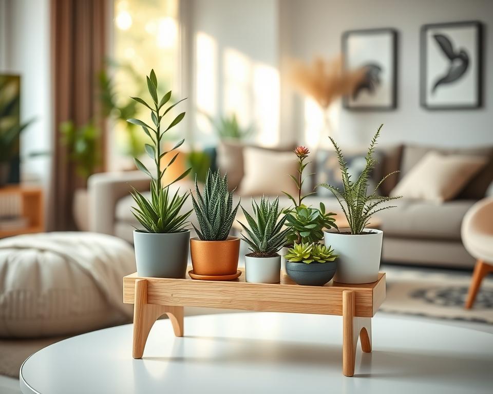 A stylish, compact plant display featuring a modern plant stand with various potted plants, including succulents and small ferns, arranged thoughtfully to showcase their vibrant greens. In the foreground, the stand is sleek and minimalist, made of light wood with a natural finish, positioned at a height suitable for tabletop display. The middle ground is filled with a cozy living space ambiance, softly illuminated by warm, natural light streaming in from a nearby window. In the background, subtle décor elements like a soft rug and tasteful wall art complement the plant arrangement, enhancing the room's aesthetic. The overall atmosphere is inviting and fresh, capturing the essence of space-saving design.