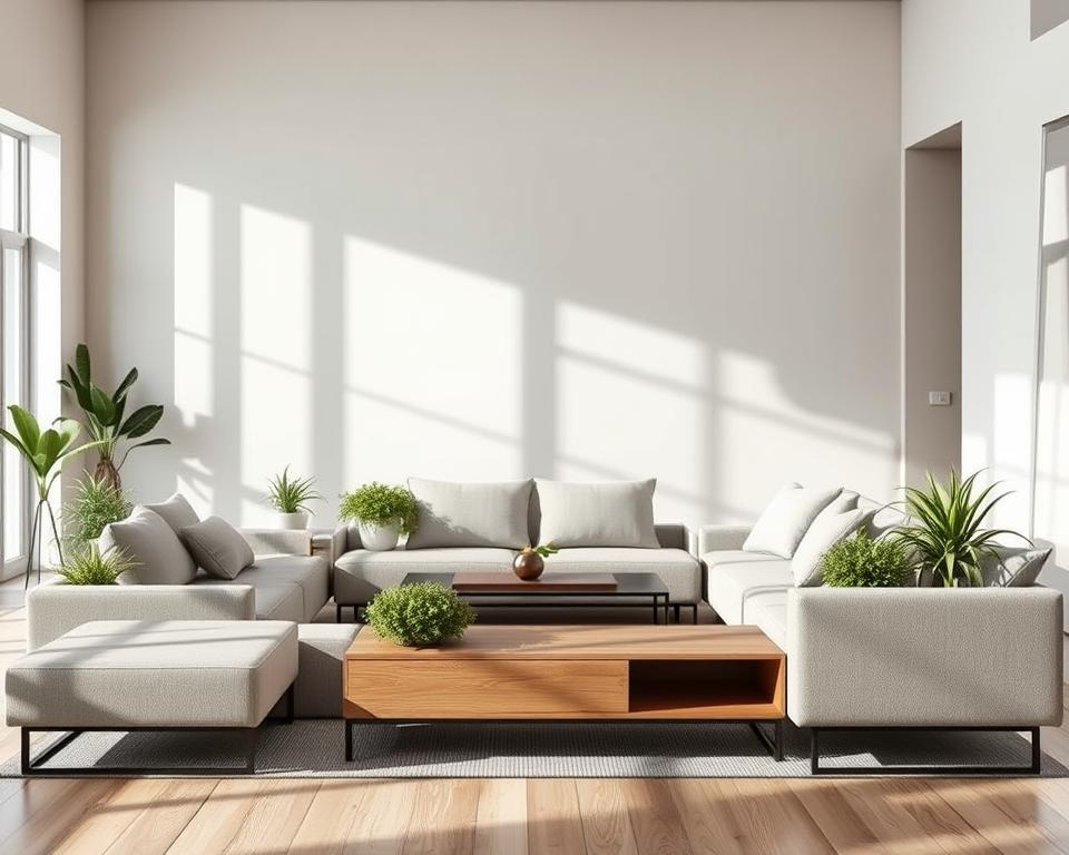 A stylish, modern living space featuring minimalist multi-functional furniture that includes integrated planters. In the foreground, a sleek, modular sofa with clean lines, designed for both comfort and utility, showcases built-in planters bursting with lush greenery. In the middle, a contemporary coffee table with hidden storage and a minimalistic design complements the sofa. The background features a large window allowing natural light to flood the room, enhancing the airy atmosphere and casting soft shadows. The overall mood is serene and sophisticated, with neutral color palettes and natural materials like wood and metal. The scene captures a harmonious blend of style and functionality, emphasizing the trend of integrating nature into minimalist living spaces.