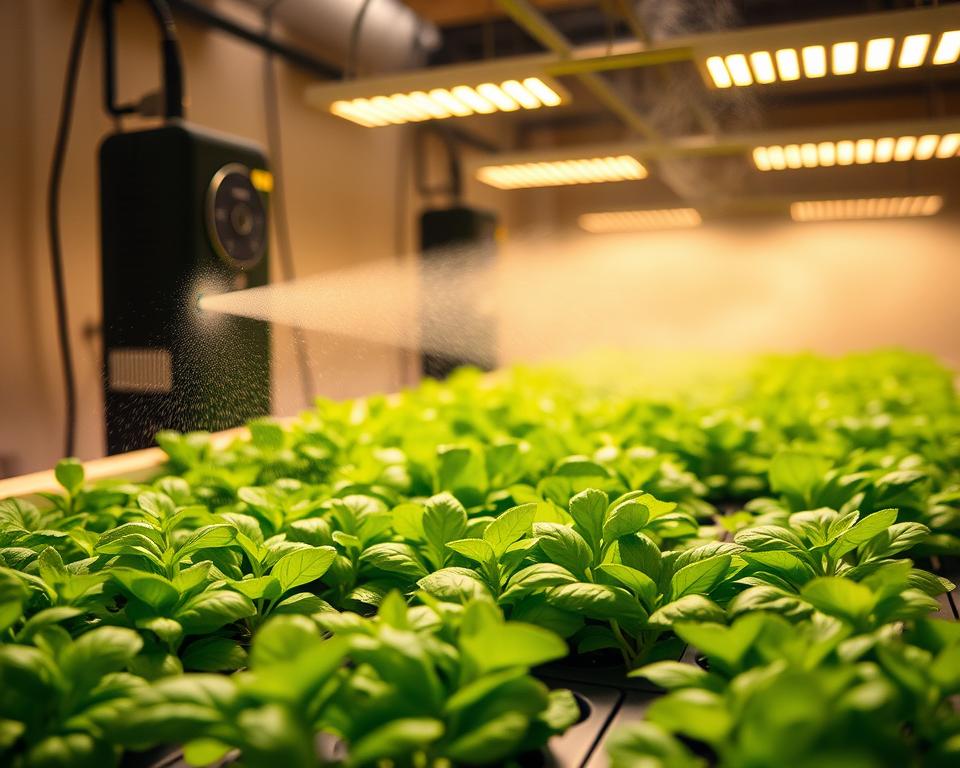A tranquil indoor farming environment showcasing optimal humidity levels for crop growth. In the foreground, lush green plants such as basil and lettuce thrive in raised hydroponic trays, visibly vibrant and healthy. The middle ground features a high-tech humidifier releasing a gentle mist, enhancing humidity, with droplets reflected in the soft light. In the background, warm LED grow lights cast a cozy glow, illuminating the entire scene while maintaining a balanced atmosphere. The image captures moisture in the air, creating a serene and productive vibe, ideally shot with a macro lens to emphasize details. Soft shadows add depth, conveying a nurturing indoor farm environment that highlights the role of humidity in ensuring healthy crops.