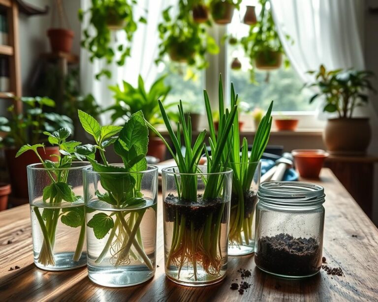 A vibrant and detailed composition of propagating edible plants in a home gardening setting. In the foreground, a variety of cuttings like basil, mint, and green onions sitting in clear containers filled with water, their roots delicately mingling with the liquid. The middle ground shows a rustic wooden table with soil, gardening tools, and small pots ready for planting. In the background, a sunlit window with a lush array of hanging plants creates a warm and inviting atmosphere, with rays of sunlight filtering through sheer curtains. The overall mood is one of tranquility and growth, emphasizing the rewarding journey of overcoming common challenges in plant propagation. The lighting is soft and natural, evoking a sense of calm in the gardening space.