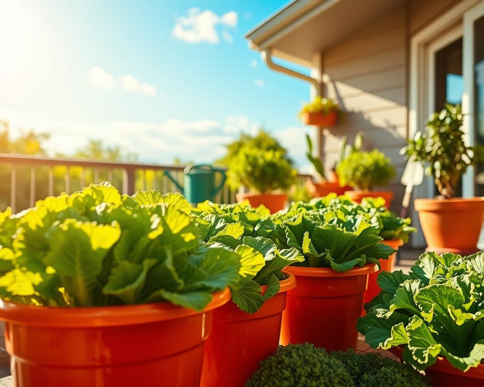 A vibrant container garden basking in warm sunlight, showcasing a variety of lush, green lettuce plants thriving in colorful pots. In the foreground, focus on several bright, terracotta containers filled with different lettuce varieties, their leaves soaking up the rays. In the middle ground, add a well-maintained patio or balcony setting adorned with gardening tools, such as a watering can and a trowel, emphasizing a personal touch. The background features a clear blue sky with gentle clouds, enhancing the serene atmosphere. Soft, golden sunlight filters through, casting gentle shadows and highlighting the rich textures of the lettuce leaves. Capture the scene from a slightly elevated angle to encompass both the containers and the surrounding space, evoking a sense of warmth and growth.