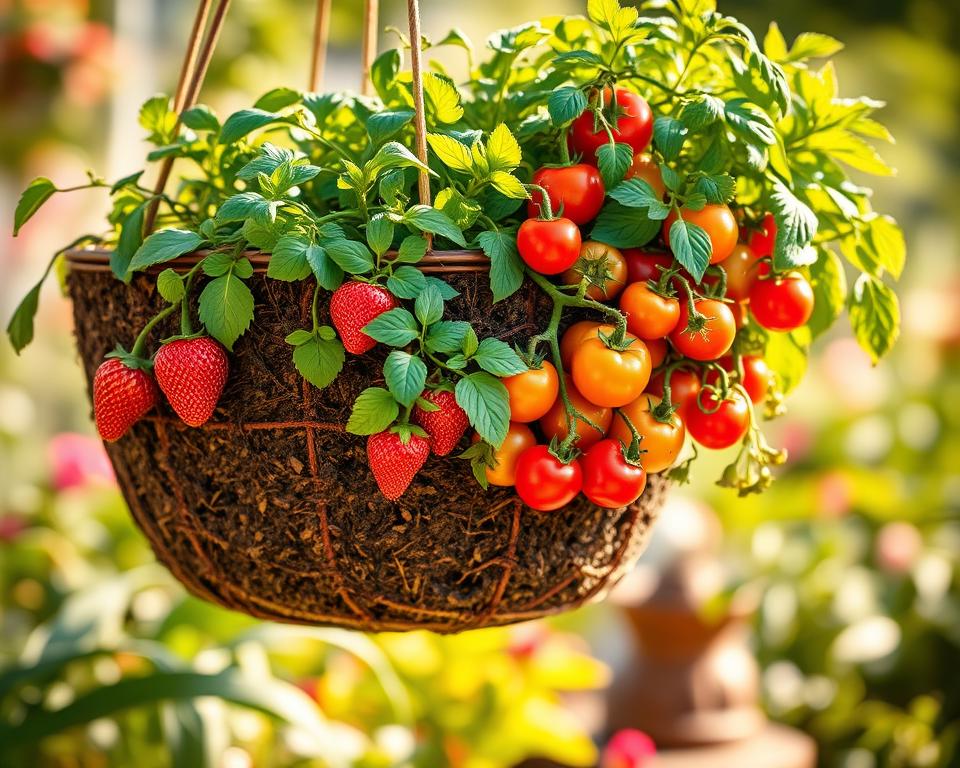 A vibrant hanging basket filled with an assortment of colorful edible fruits such as strawberries, cherry tomatoes, and herbs, suspended against a soft-focus garden backdrop. The foreground features the basket with rich, textured soil visible, dotted with green leaves and healthy plants. The middle ground includes the fruits glistening in the bright sunlight, casting delicate shadows on the soil below. The background reveals a blurred, sun-drenched garden with lush greenery, enhancing the freshness of the scene. The lighting is warm and inviting, creating a cheerful atmosphere. This composition presents the perfect representation of thriving edible plants in a hanging basket, emphasizing the beauty and bounty of home gardening.