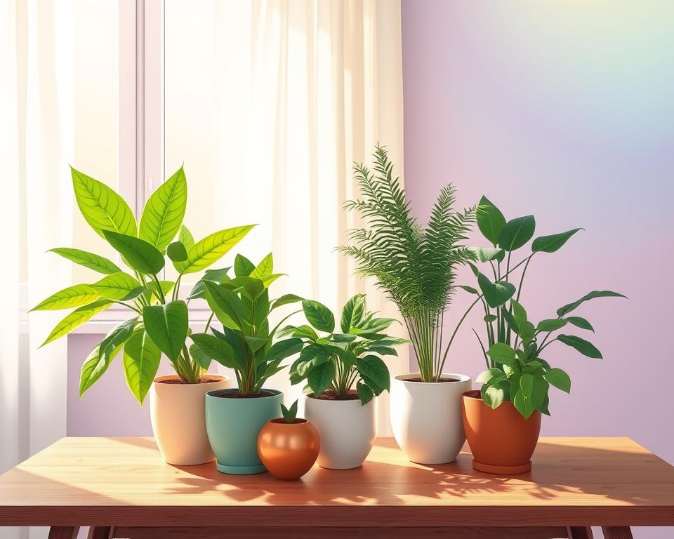 A vibrant illustration depicting various houseplants arranged on a stylish wooden table, each receiving different levels of light exposure. In the foreground, a bright green leafy plant thrives under a sunny window, with sun rays casting soft shadows. In the middle, a more shaded plant, like a fern, displays rich dark green hues, surrounded by light filtering through sheer curtains. In the background, a wall with a color gradient representing light intensity—from bright sunlight to dim light—creates a smooth transition. The overall atmosphere is serene and educational, underscoring the importance of light requirements in plant care. Soft, natural lighting enhances the colors of the foliage, while a slight blur on the edges draws focus to the plants.