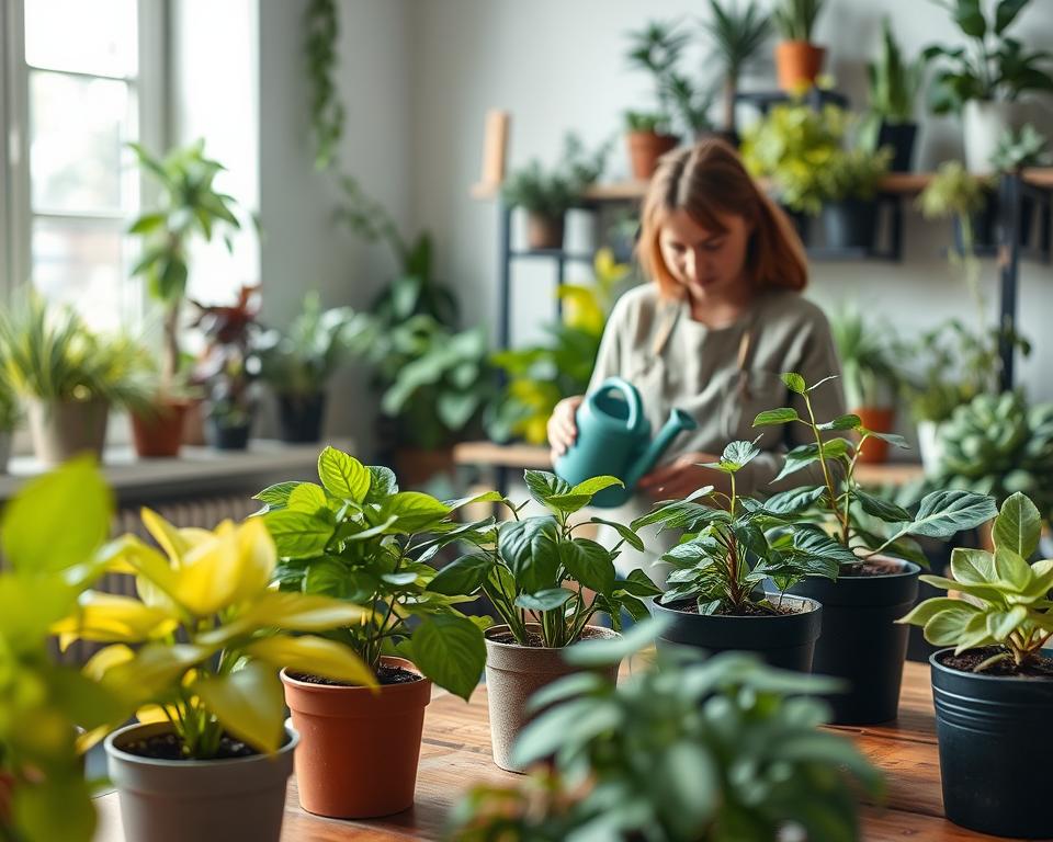 A vibrant indoor scene showcasing seasonal plant care. In the foreground, a variety of potted plants exhibiting yellowing leaves, indicating distress, arranged on a wooden table. The middle ground features a gardener in modest casual clothing, gently inspecting the plants with a watering can and a soil tester, their concentration evident. Soft, natural light filters through a window, casting delicate shadows and creating a warm atmosphere. In the background, shelves lined with diverse healthy plants, showcasing the contrast between well-cared-for foliage and the struggling specimens. The overall mood is peaceful yet informative, capturing the essence of seasonal changes affecting plant health. Use a shallow depth of field to emphasize the foreground while keeping the background slightly blurred, enhancing the focus on the plant care theme.