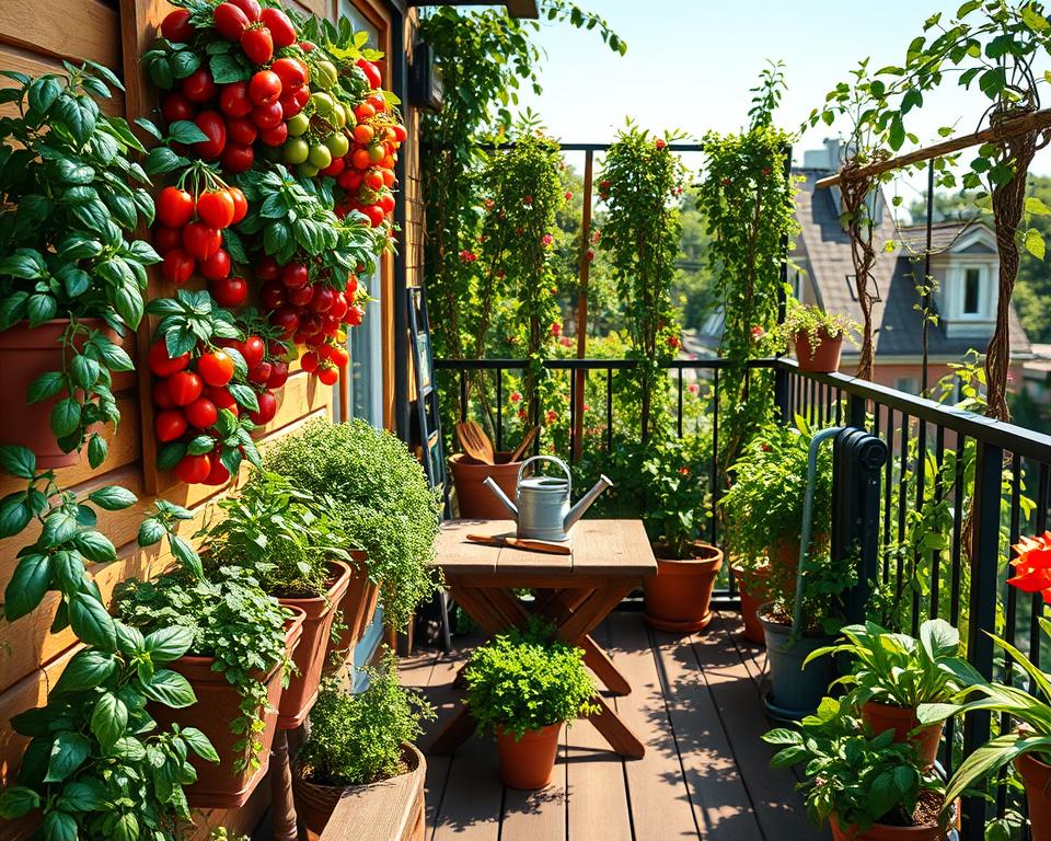 A vibrant small space gardening scene showcasing seasonal gardening hacks. In the foreground, a wooden balcony adorned with colorful potted herbs and vegetables like basil, cherry tomatoes, and peppers, arranged in vertical planters. The middle ground features a small, rustic table with gardening tools like a watering can and trowel, surrounded by a lush green backdrop of climbing vines and flowers. The background reveals a sunny urban landscape with a clear blue sky, emphasizing the vertical gardening method. Soft, warm lighting enhances the lush textures of the plants, creating an inviting and cheerful atmosphere, captured from a slightly elevated angle to provide a comprehensive view of the garden's clever use of limited space.